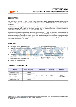 HY57V161610D-I datasheet - 2 Banks x 512K x 16 Bit Synchronous DRAM