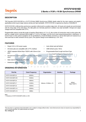 HY57V161610DTC-10 datasheet - 2 Banks x 512K x 16 Bit Synchronous DRAM