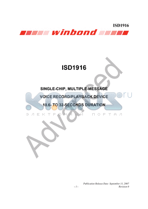 ISD1916SYIR datasheet - SINGLE-CHIP, MULTIPLE-MESSAGE VOICE RECORD/PLAYBACK DEVICE 10.6- TO 32-SECONDS DURATION