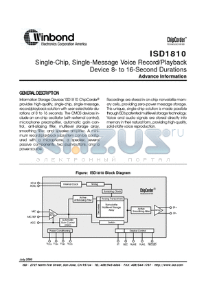 ISD1810 datasheet - Single-Chip, Single-Message Voice Record/Playback Device 8- to 16-Second Durations