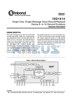 ISD1810X datasheet - Single-Chip, Single-Message Voice Record/Playback Device 8- to 16-Second Durations