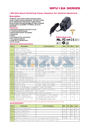 MPU12A-106 datasheet - 12W Wall Mount Switching Power Supplies For Medical Equipment.