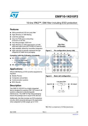 EMIF10-1K010F2_08 datasheet - 10-line IPAD, EMI filter including ESD protection