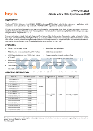 HY57V281620ALT-7 datasheet - 4 Banks x 2M x 16bits Synchronous DRAM