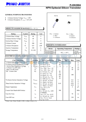 PJ2N3904CX datasheet - NPN Epitaxial Silicon Transistor