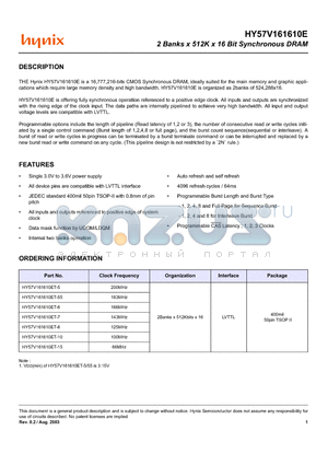 HY57V161610ET-8 datasheet - 2 Banks x 512K x 16 Bit Synchronous DRAM