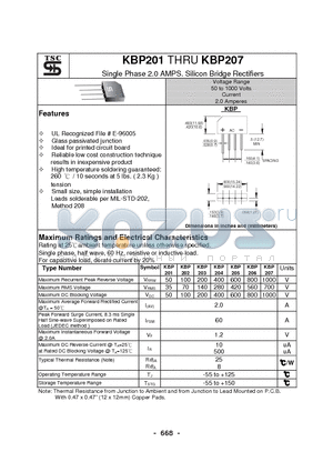 KBP205 datasheet - Single Phase 2.0 AMPS. Silicon Bridge Rectifiers