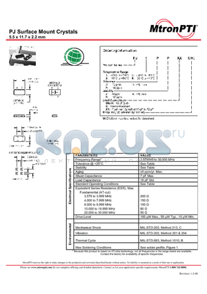 PJ2MPS datasheet - Surface Mount Crystals 5.5 x 11.7 x 2.2 mmPARAMETERS