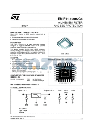 EMIF11-10002C4 datasheet - 9 LINES EMI FILTER AND ESD PROTECTION