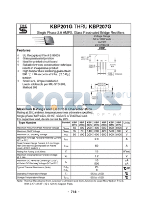 KBP205G datasheet - Single Phase 2.0 AMPS. Glass Passivated Bridge Rectifiers