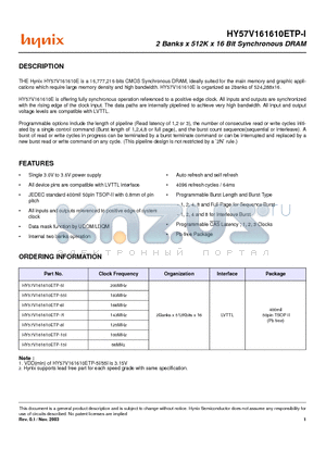 HY57V161610ETP-I datasheet - 2 Banks x 512K x 16 Bit Synchronous DRAM