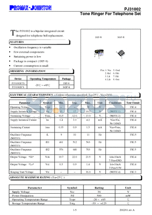 PJ31002 datasheet - Tone Ringer For Telephone Set