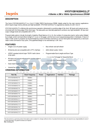 HY57V281620HCLT-P datasheet - 4 Banks x 2M x 16bits Synchronous DRAM