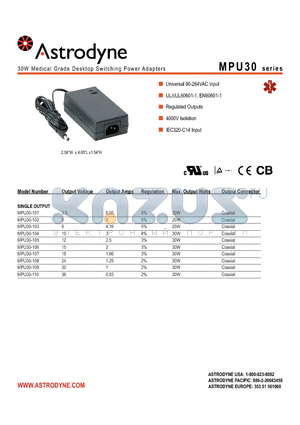 MPU30-106 datasheet - 30W Medical Grade Desktop Switching Power Adapters