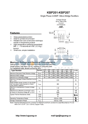KBP207 datasheet - Single Phase 2.0AMP. Silicon Bridge Rectifiers