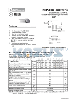 KBP207G datasheet - Single Phase 2.0 AMPS Glass Passivated Bridge Rectifiers