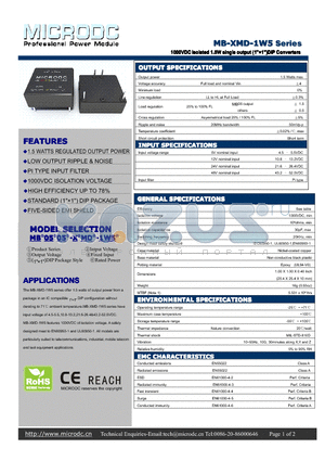 MB-XMD-1W5 datasheet - 1000VDCIsolated 1.5Wsingle output (1