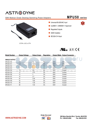 MPU50-101 datasheet - 50W Medical Grade Desktop Switching Power Adapters