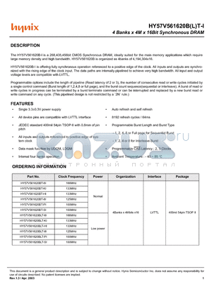 HY57V561620BLT-6I datasheet - 4 Banks x 4M x 16Bit Synchronous DRAM