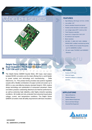Q48DQ3R312NNFA datasheet - Delphi Series Q48DW, 45W Quarter Brick, Dual Output DC/DC Power Modules: 1.2V/13A and 3.3V/8A
