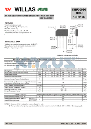 KBP3005G datasheet - 3.0 AMP GLASS PASSIVATED BRIDGE RECTIFIER - 50V-100V