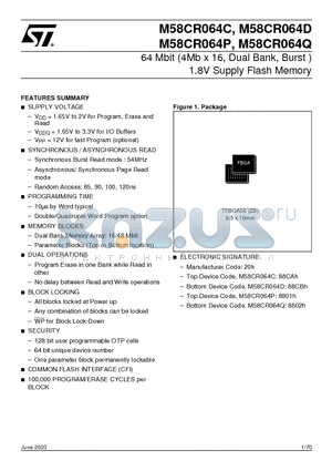 M58CR064-ZBT datasheet - 64 Mbit 4Mb x 16, Dual Bank, Burst  1.8V Supply Flash Memory