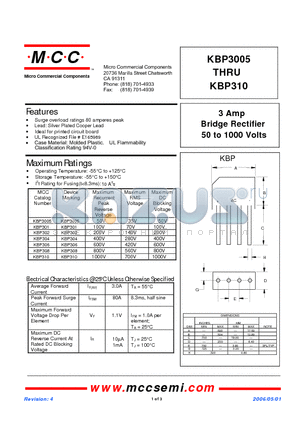 KBP301 datasheet - 3 Amp Bridge Rectifier 50 to 1000 Volts