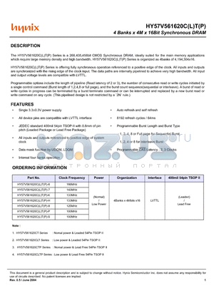 HY57V561620CLT-8 datasheet - 4 Banks x 4M x 16Bit Synchronous DRAM