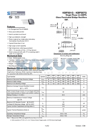 KBP301G datasheet - Single Phase 3.0 AMPS. Glass Passivated Bridge Rectifiers