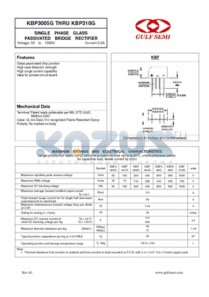 KBP301G datasheet - SINGLE PHASE GLASS PASSIVATED BRIDGE RECTIFIER Voltage: 50 to 1000V Current:3.0A