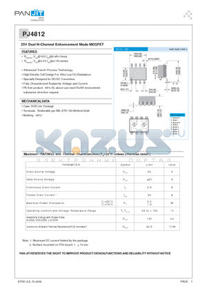 PJ4812 datasheet - 25V Dual N-Channel Enhancement Mode MOSFET