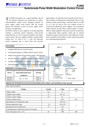 PJ494 datasheet - Switchmode Pulse Width Modulation Control Circuit