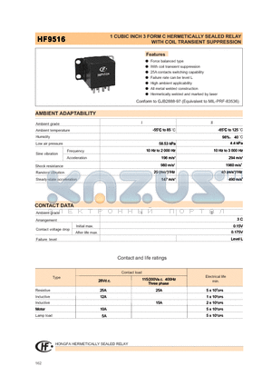 HF9516-028L-24-1 datasheet - 1 CUBIC INCH 3 FORM C HERMETICALLY SEALED RELAY WITH COIL TRANSIENT SUPPRESSION