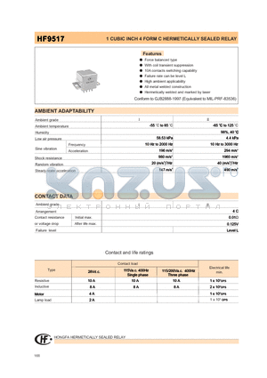 HF9517-006L-02-1 datasheet - 1 CUBIC INCH 4 FORM C HERMETICALLY SEALED RELAY