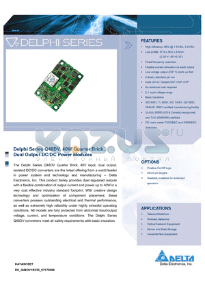 Q48DV1R533NNFA datasheet - Delphi Series Q48DV, 40W Quarter Brick, Dual Output DC/DC Power Modules