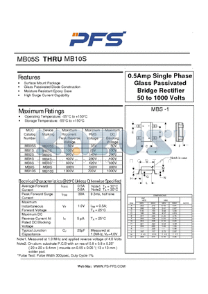 MB05S datasheet - 0.5Amp Single Phase Glass Passivated Bridge Rectifier 50 to 1000 Volts