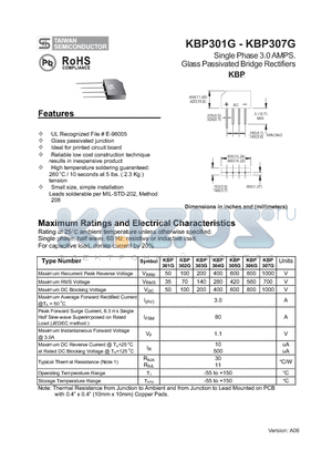 KBP303G datasheet - Single Phase 3.0 AMPS Glass Passivated Bridge Rectifiers
