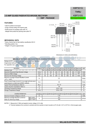 KBP303G datasheet - 3.0 AMP GLASS PASSIVATED BRIDGE RECTIFIER KBP PACKAGE