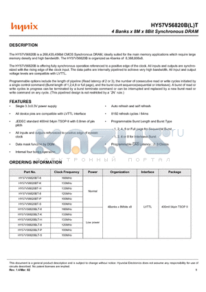 HY57V56820BLT-K datasheet - 4 Banks x 8M x 8Bit Synchronous DRAM