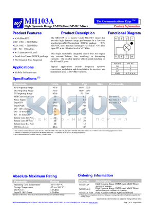 MH103A datasheet - High Dynamic Range UMTS-Band MMIC Mixer