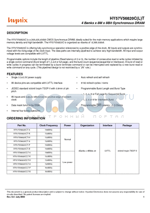 HY57V56820CLT-K datasheet - 4 Banks x 8M x 8Bit Synchronous DRAM