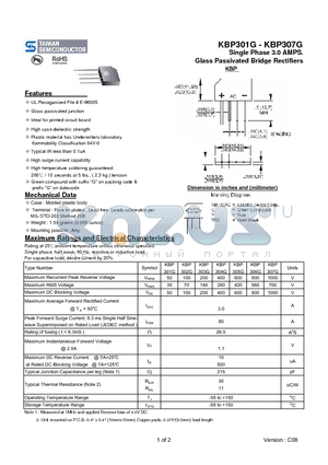 KBP305G datasheet - Single Phase 3.0 AMPS. Glass Passivated Bridge Rectifiers