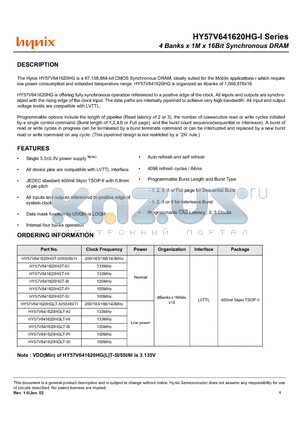 HY57V641620HGLT-5I datasheet - 4 Banks x 1M x 16Bit Synchronous DRAM