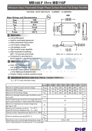 MB105F datasheet - Miniature Glass Passivated Single-Phase Surface Mount Flat Bridge Rectifier