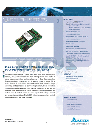 Q48SP12017NKFA datasheet - Delphi Series Q48SP, 216W Quarter Brick Family DC/DC Power Modules: 48V in, 12V/18A out