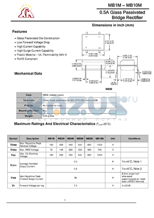 MB10M datasheet - 0.5A Glass Passivated Bridge Rectifier