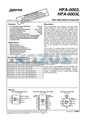 HFA-0003 datasheet - Ultra High Speed Comparator