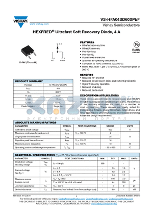 HFA04SD60STRLPBF datasheet - HEXFRED Ultrafast Soft Recovery Diode, 4 A