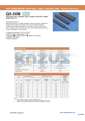 Q5-3XM datasheet - HEAT SHRINK MEDIUM / HEAVY WALL TUBING - ADHESIVE LINED