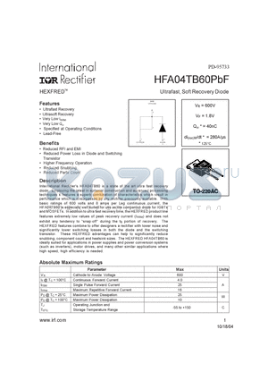 HFA04TB60PBF datasheet - Ultrafast, Soft Recovery Diode